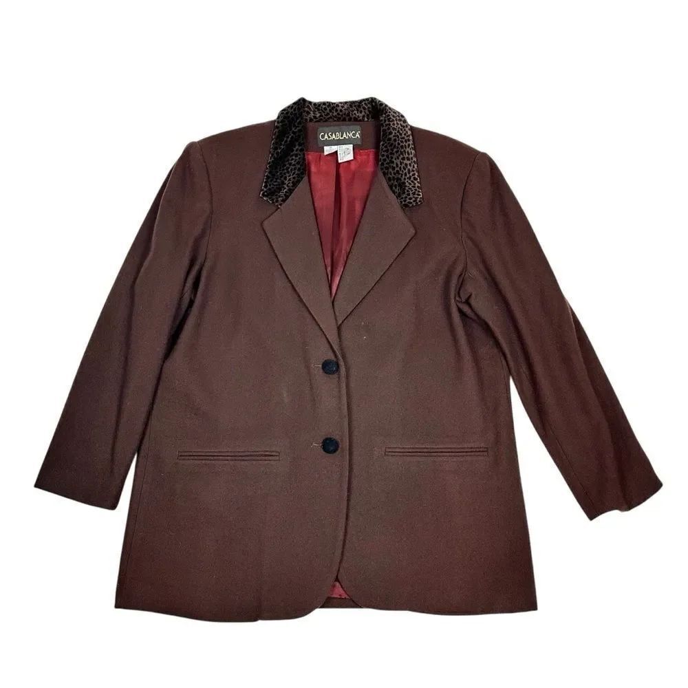 VTG Casablanca Size 16 100% Pure New Wool Brown Leopard Print Collar Blazer Coat
